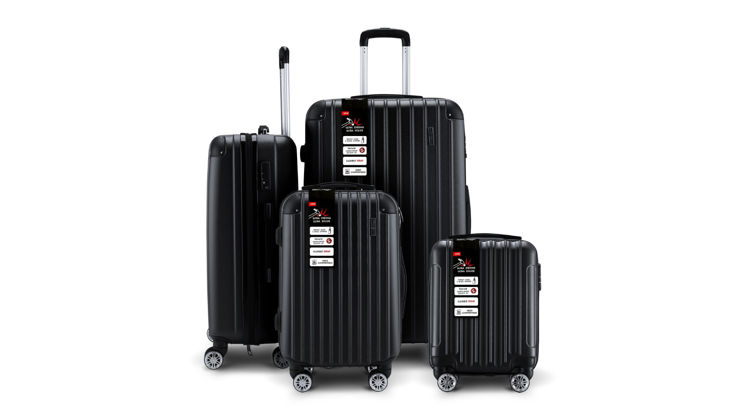 Four black BUON VIAGGIO hard‑shell suitcases in different sizes, each with spinner wheels and pull handles