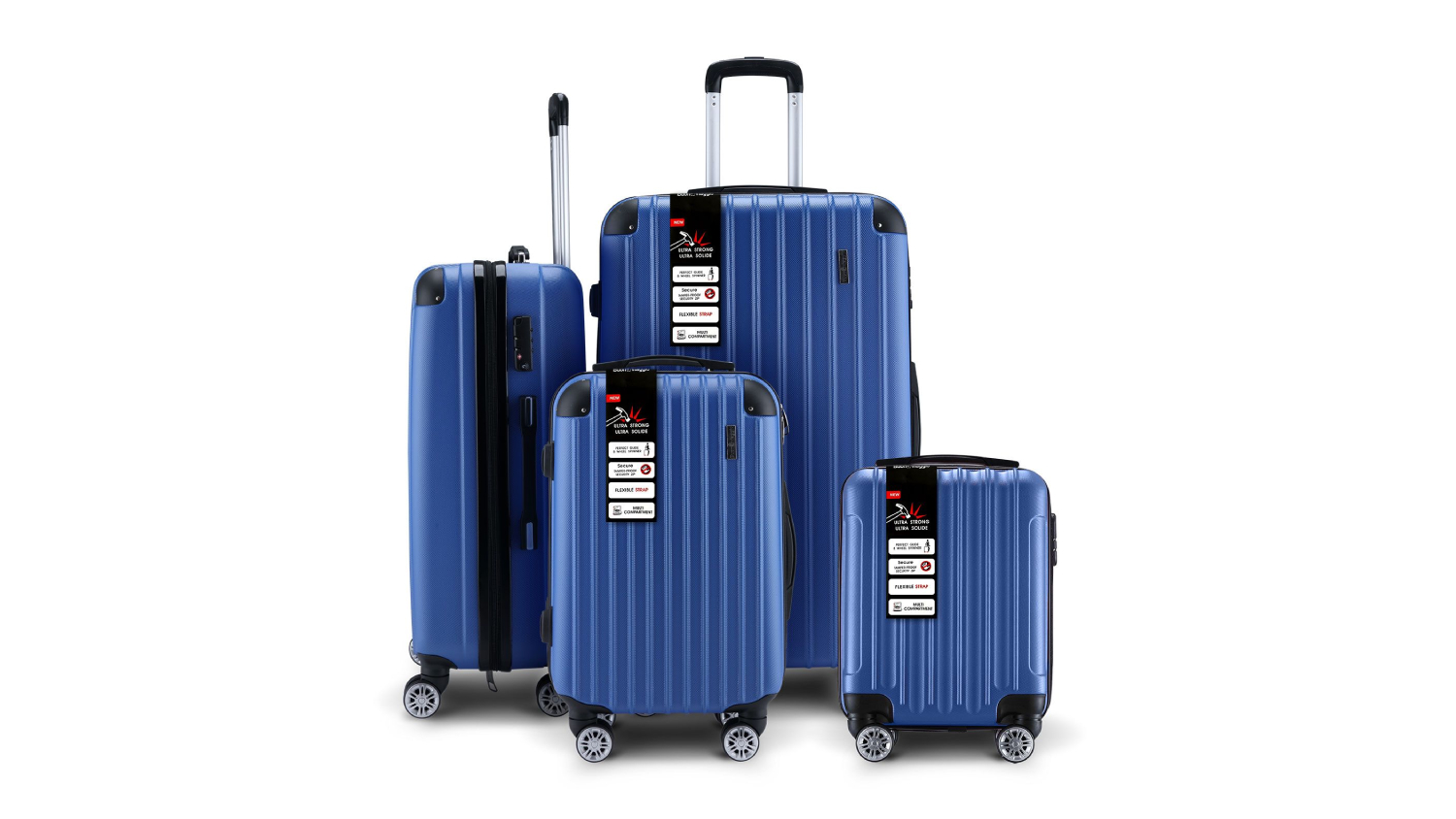 Set of four blue BUON VIAGGIO hard‑shell suitcases with telescopic handles and spinner wheels