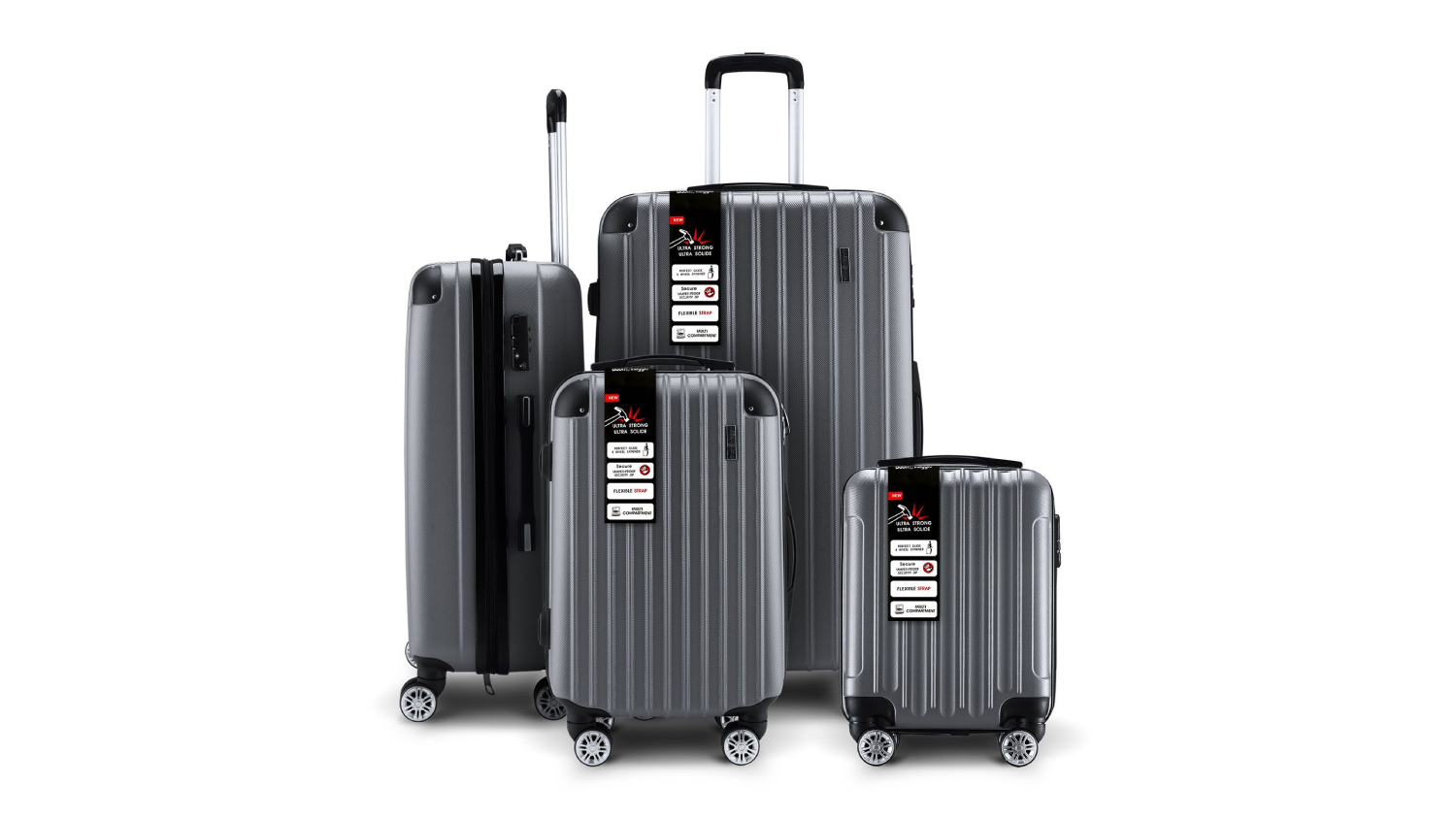 Four grey BUON VIAGGIO hard-shell suitcases of different sizes with labels, displayed upright