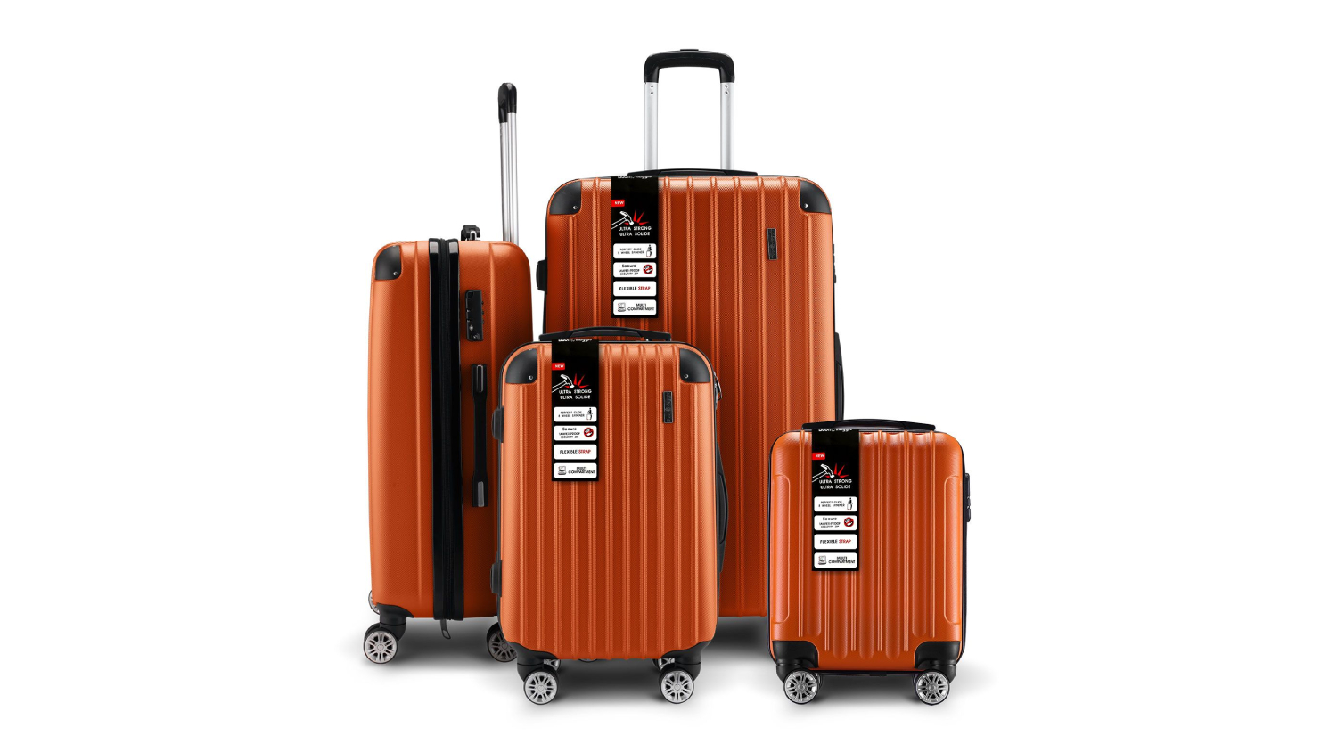 Set of four orange BUON VIAGGIO hard‑shell suitcases with spinner wheels and telescopic handles