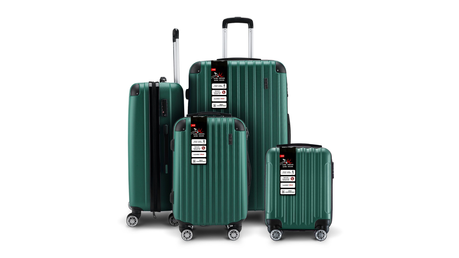 Four green BUON VIAGGIO hard‑shell suitcases in different sizes are displayed together