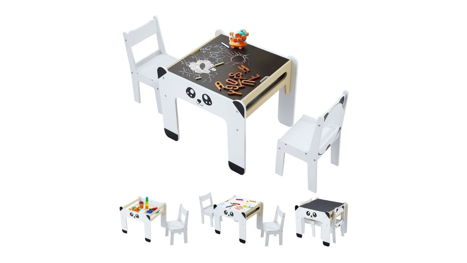 A panda-themed kids’ table and chair set with a reversible tabletop used for drawing and play, shown with wooden letters and toys on the surface