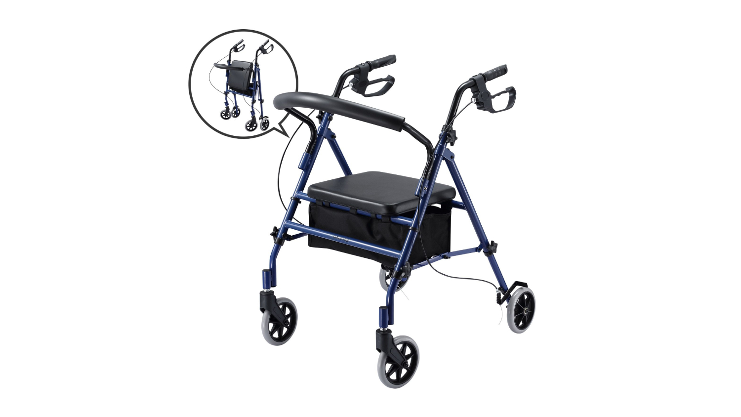 Blue AUSWHEEL 4‑wheel rollator walker with seat, backrest, storage bag, and a small inset showing its foldable design