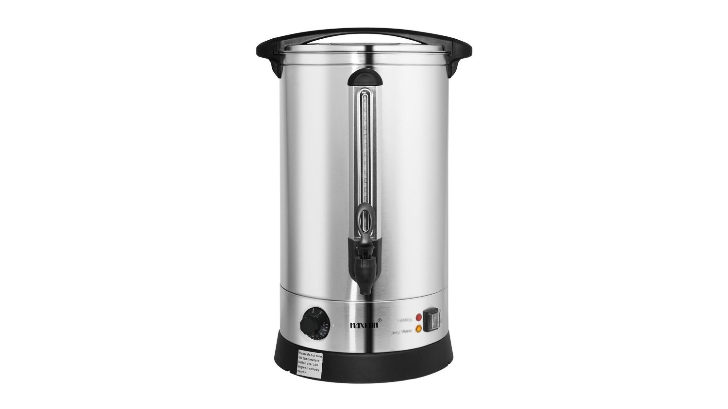 Maxkon Insulated Hot Liquid Urn with tap, water gauge, and control panel