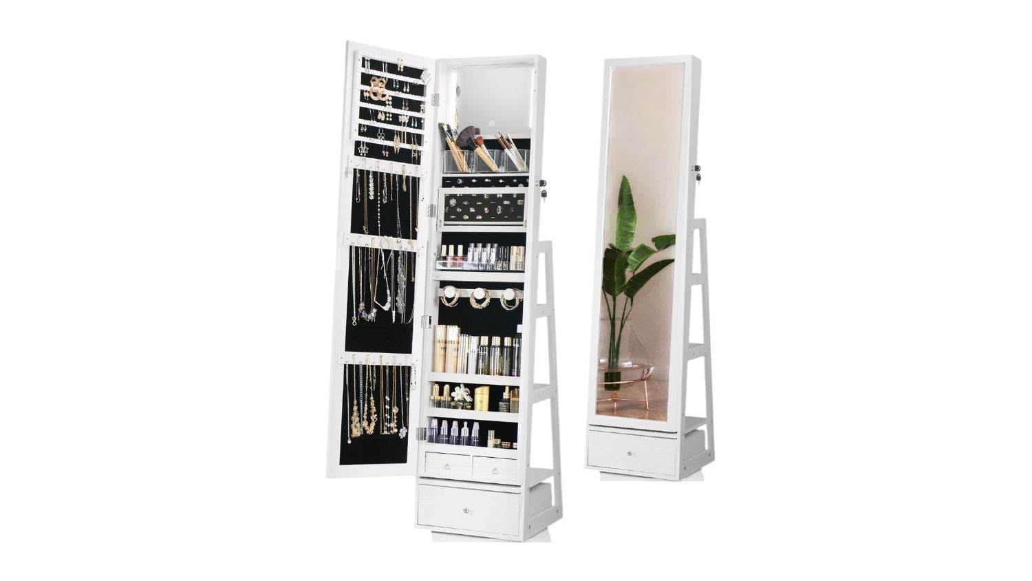 Standing mirror cabinet with the door open, showing organised jewellery, makeup, and accessories