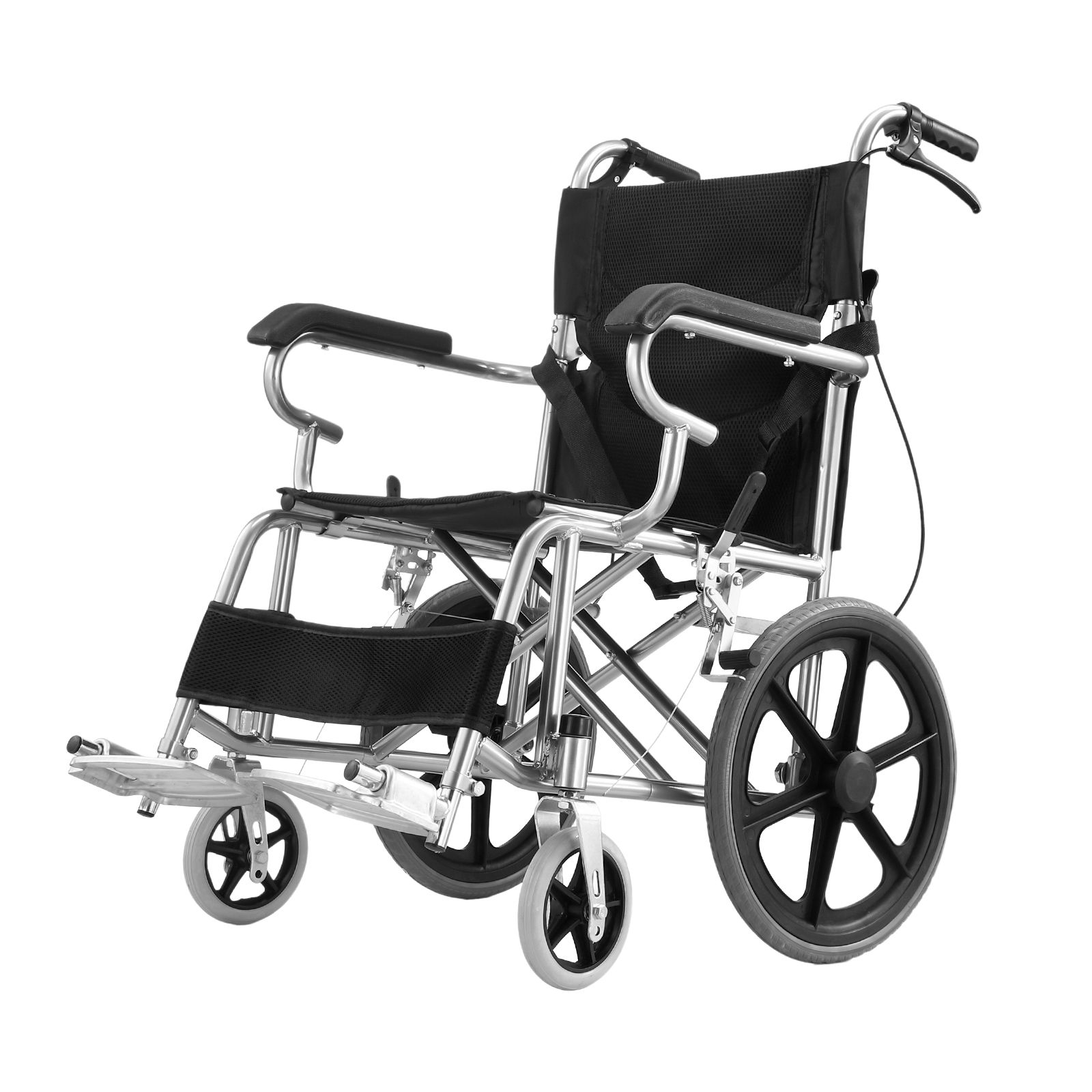 Lightweight AUSWHEEL 16 foldable wheelchair with black seat, armrests, and large rear wheels