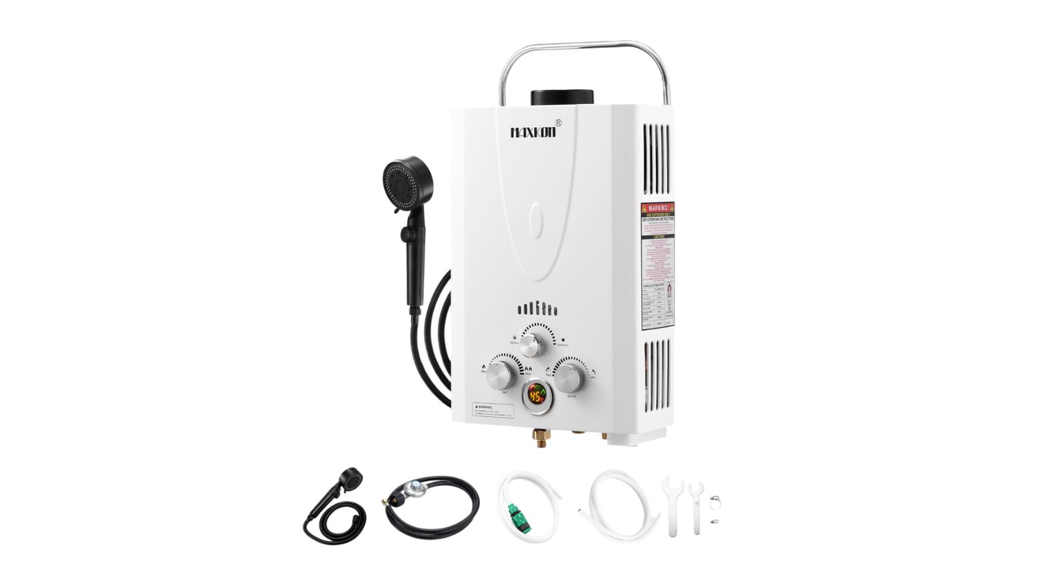 Maxkon Gas Powered Water Heater with hoses, pump, shower head, regulator, tools, and accessories laid out