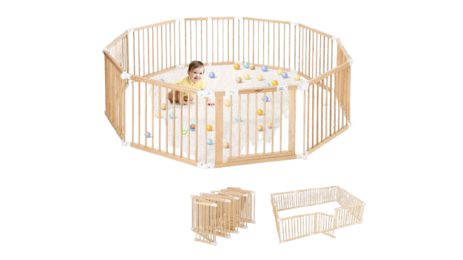 A wooden KIDBOT 10-panel playpen arranged in an octagon shape, with a young child inside playing with colourful balls