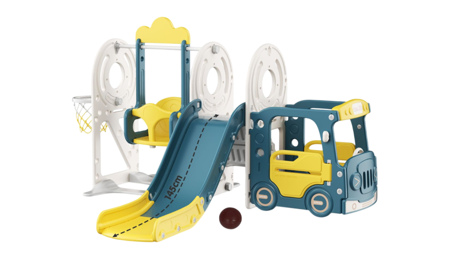 Blue and yellow KIDBOT playset with a slide, swing, basketball hoop, and toy car