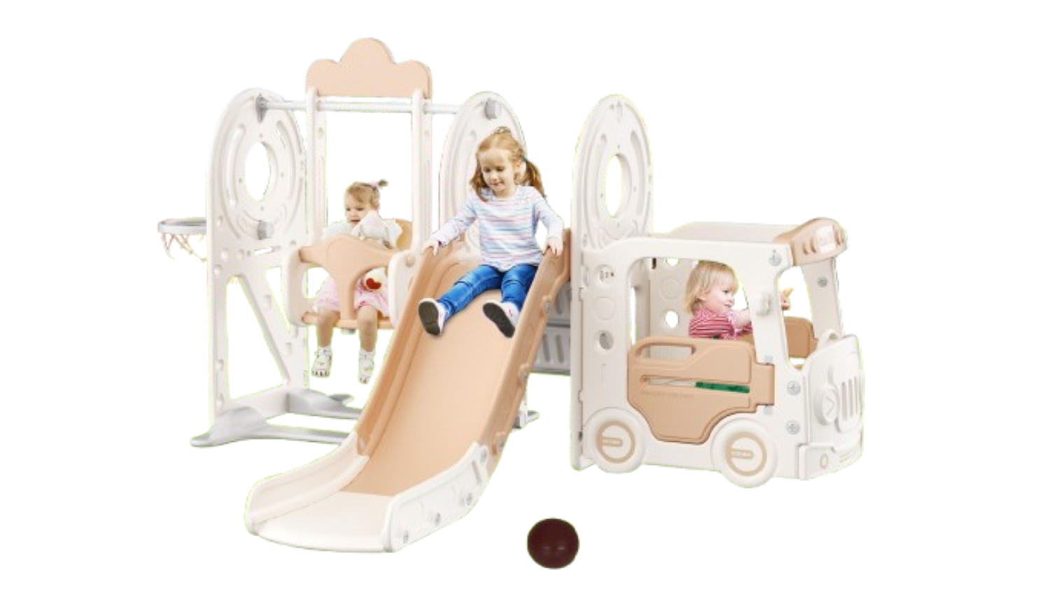 Kids playing on a KIDBOT 5‑in‑1 playset with a slide, swing, basketball hoop, and bus‑shaped playhouse