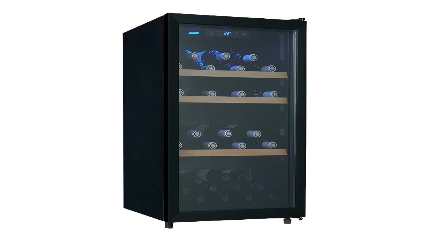 Front angled view of a sleek black Konka 56-bottle Wine Cooler with internal shelves and blue lighting