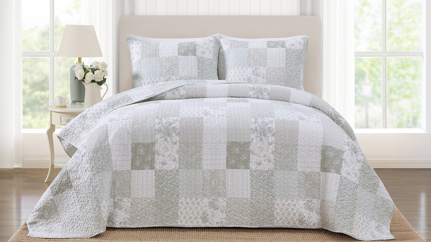 Full view of the Celina Patchwork Natural Queen Coverlet Set in a bright, airy bedroom setting