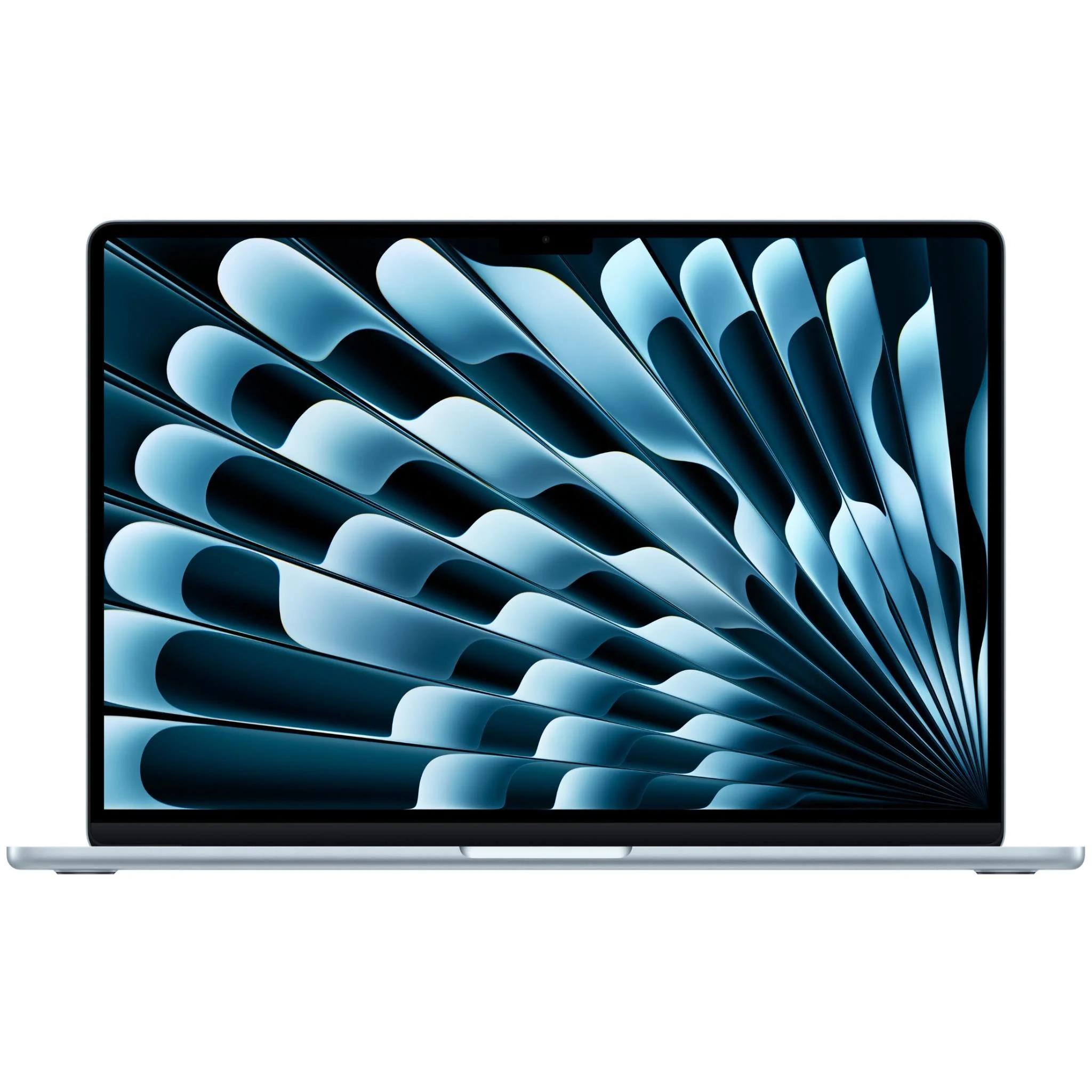 A sky blue 15” MacBook Air open on a desk, displaying a wallpaper on the Liquid Retina screen