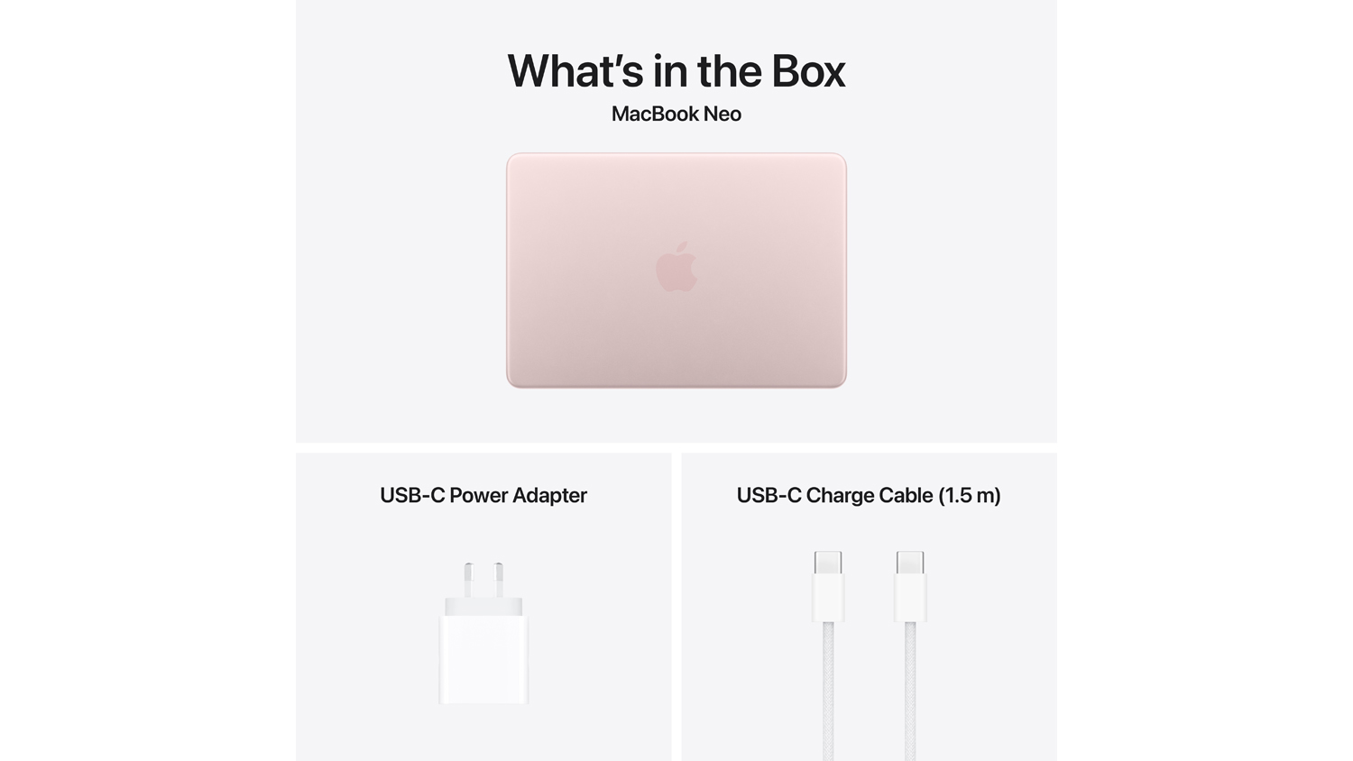 "What’s in the Box" for MacBook Neo: the laptop, a USB-C power adapter, and a 1.5m USB-C charge cable
