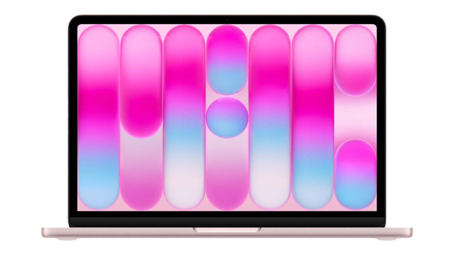 Front view of the 13-inch blush MacBook Neo, showing slim bezels and a colourful, modern macOS wallpaper