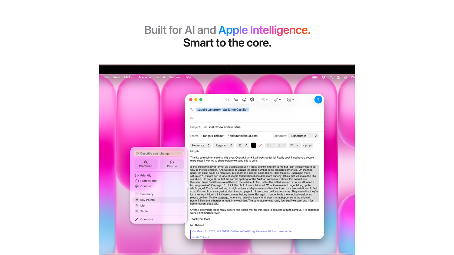 MacBook Neo screen showing Apple Intelligence features used for proofreading and rewriting an email