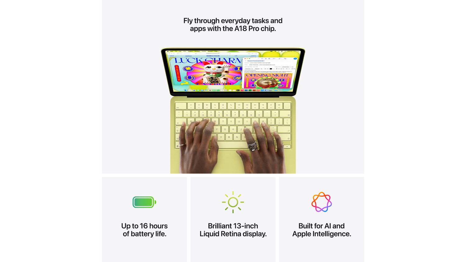 Infographic of the MacBook Neo showing A18 Pro chip, 16-hour battery, Liquid Retina display, and Apple Intelligence