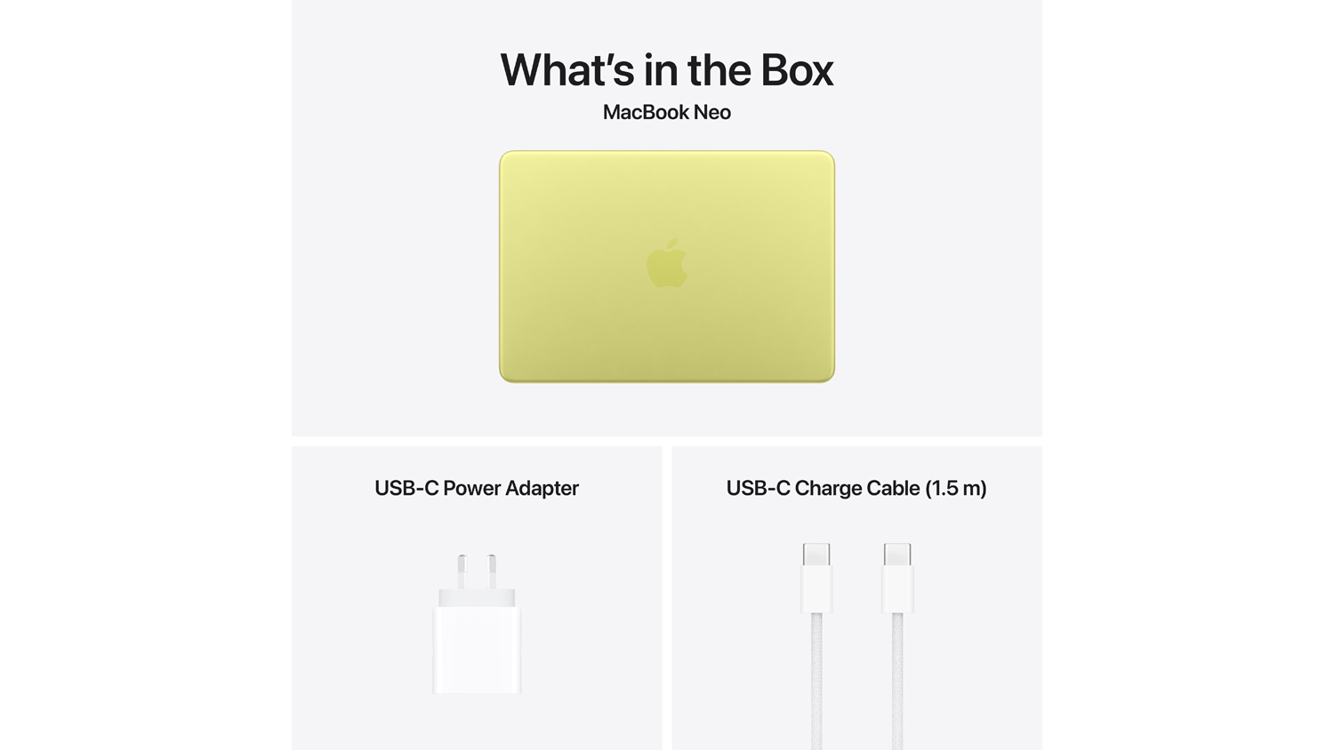 "What’s in the Box" for MacBook Neo: the laptop, a USB-C power adapter, and a 1.5m USB-C charge cable
