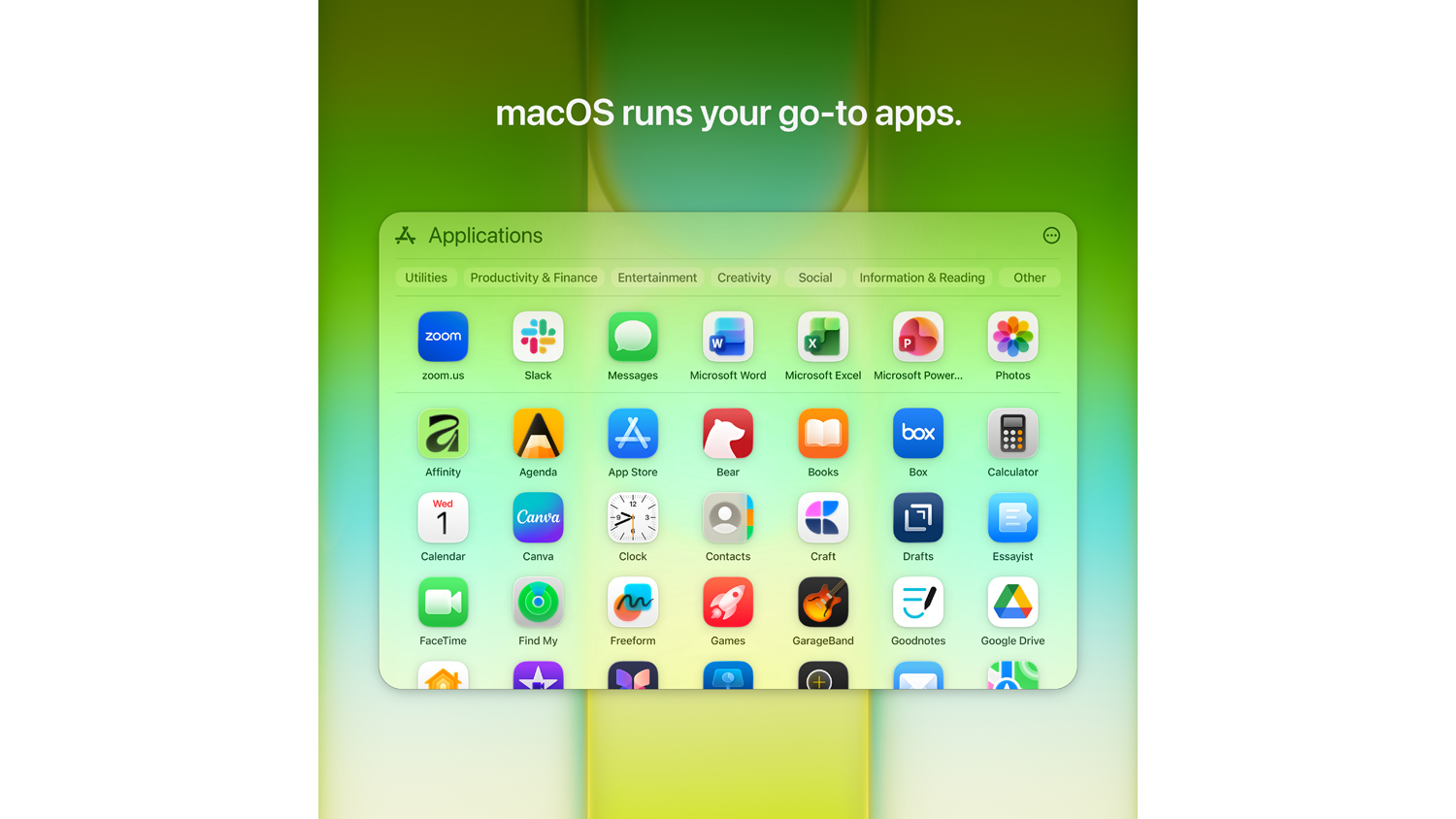 The MacBook Neo display highlighting software compatibility with various productivity and social apps