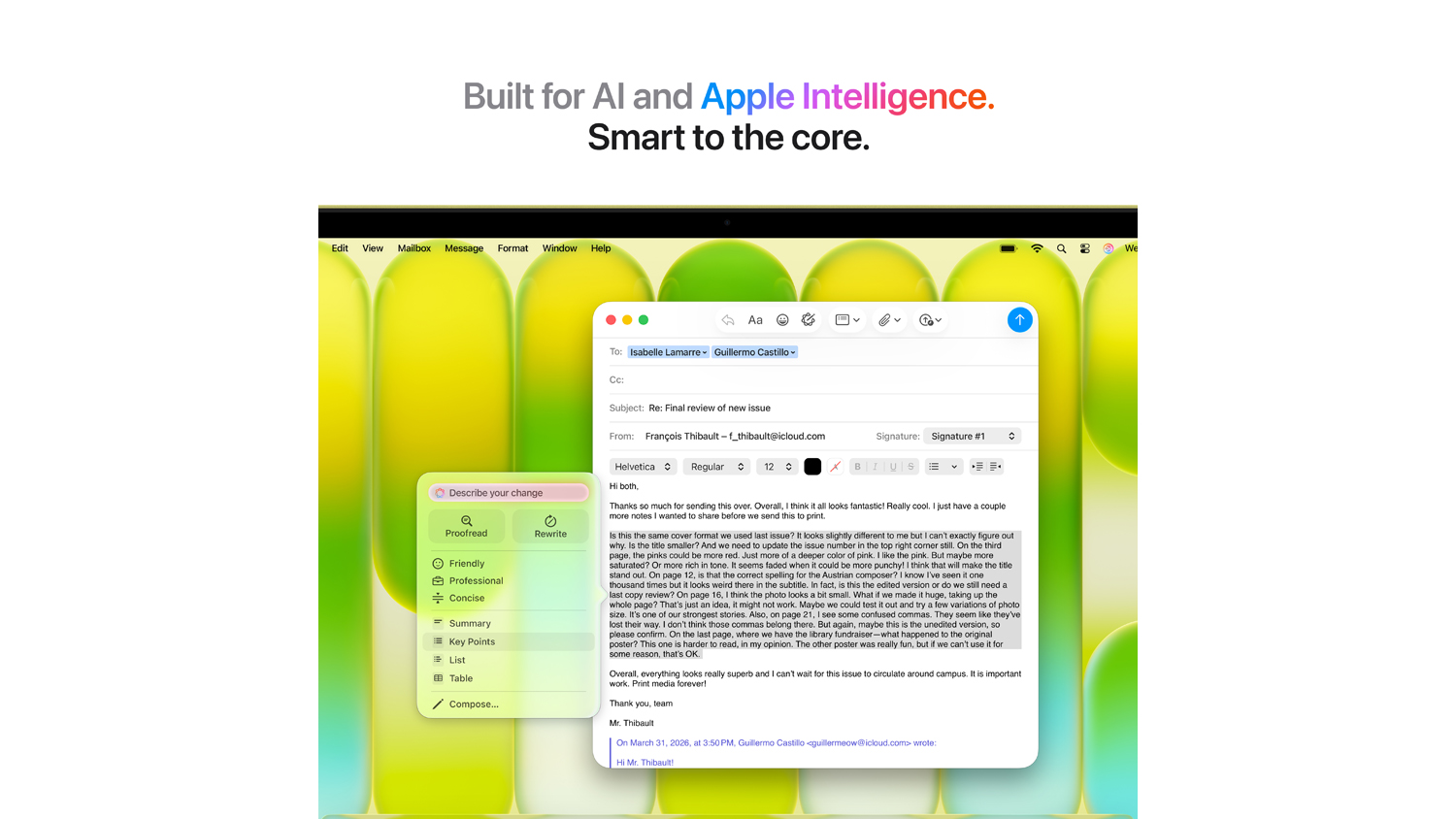 MacBook Neo screen showing Apple Intelligence features used for proofreading and rewriting an email