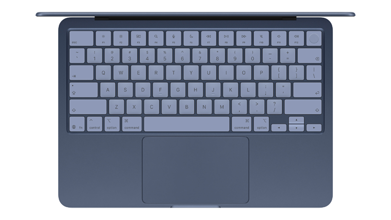 Top-down view of the MacBook Neo keyboard with sleek keys and a large, centered trackpad