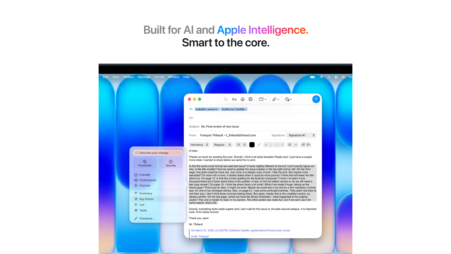 MacBook Neo screen showing Apple Intelligence features used for proofreading and rewriting an email