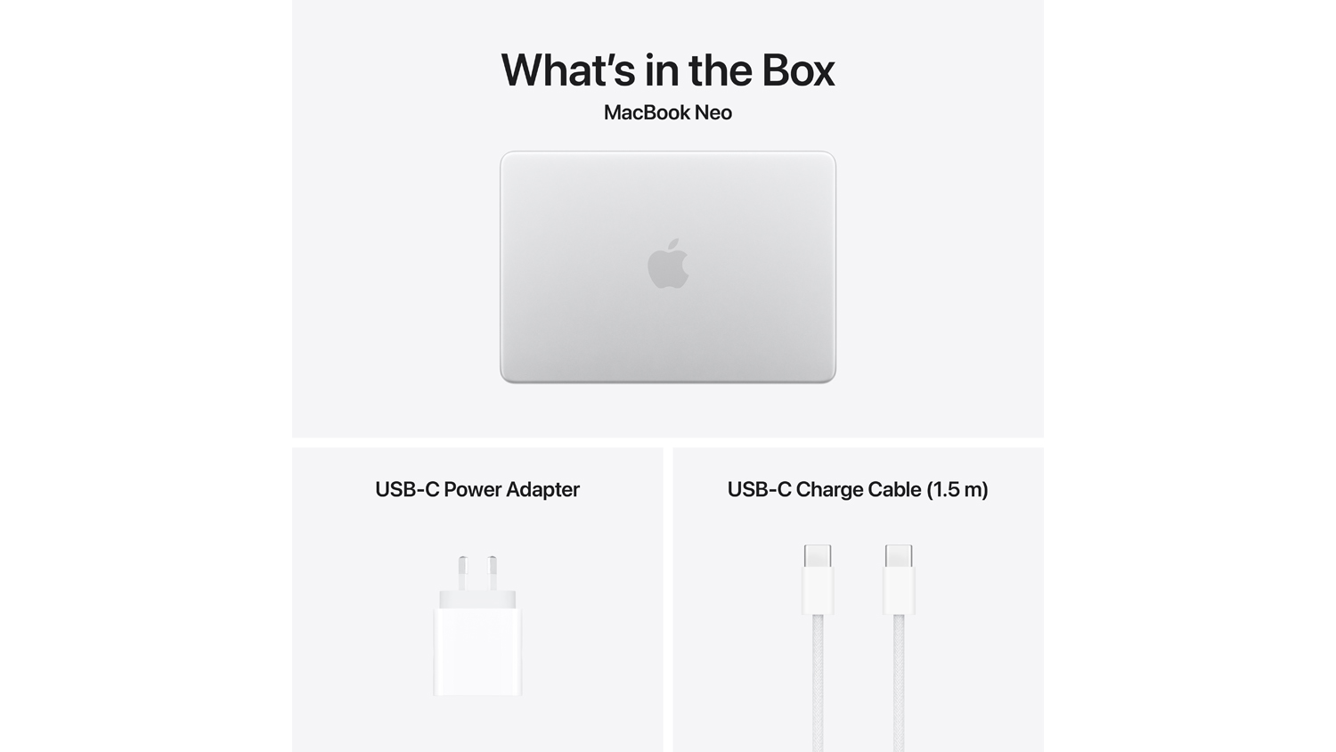 "What’s in the Box" for MacBook Neo: the laptop, a USB-C power adapter, and a 1.5m USB-C charge cable
