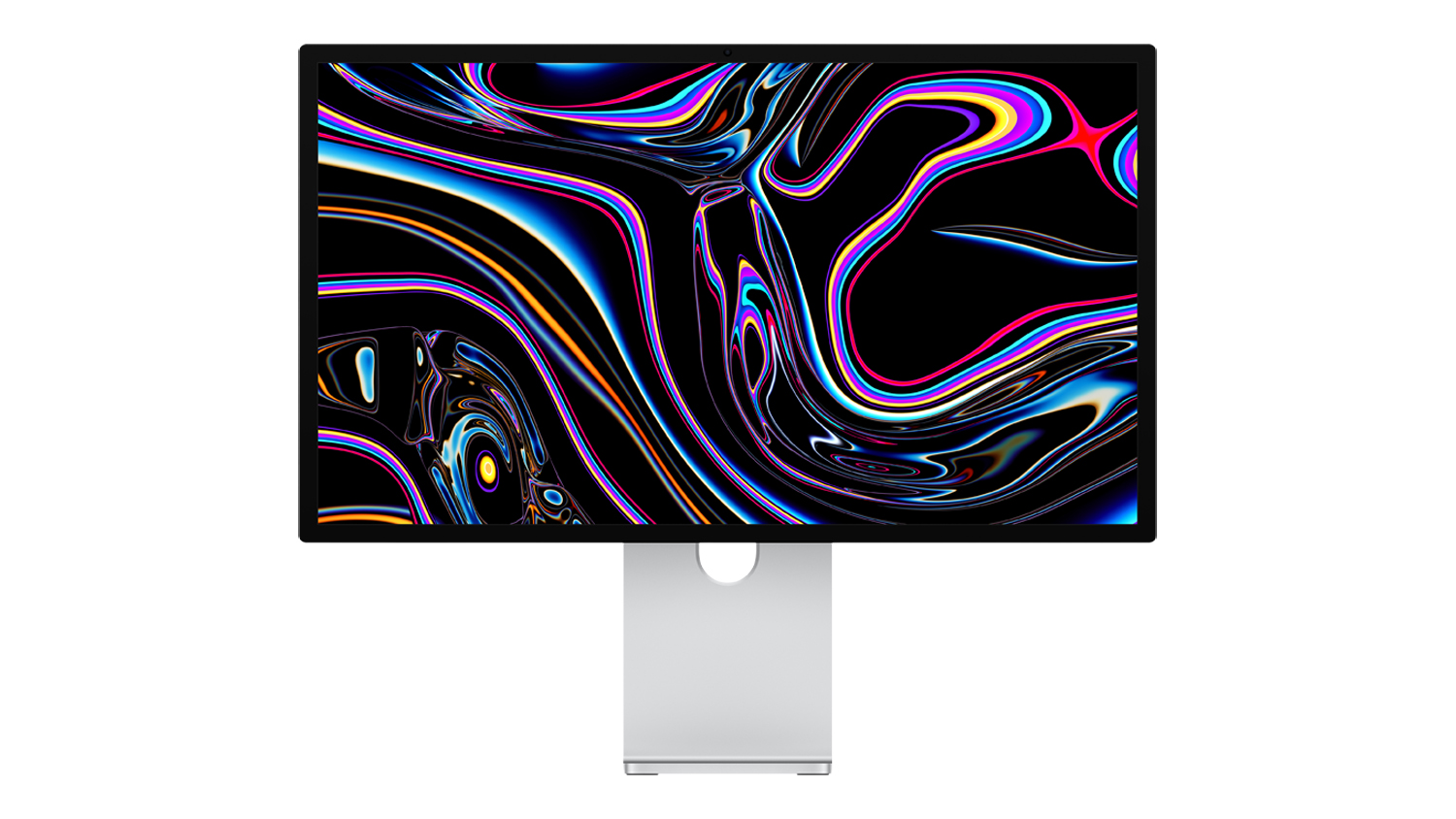 An Apple 27" Studio Display XDR with a vibrant, swirling neon wallpaper