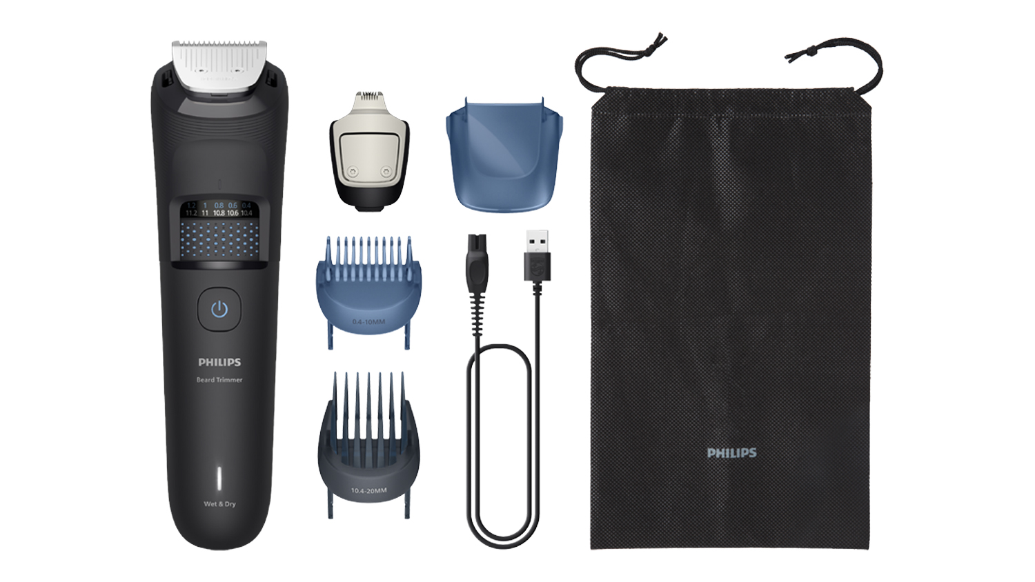 Philips 5000 Series Cordless Beard Trimmer set with charging cord and pouch