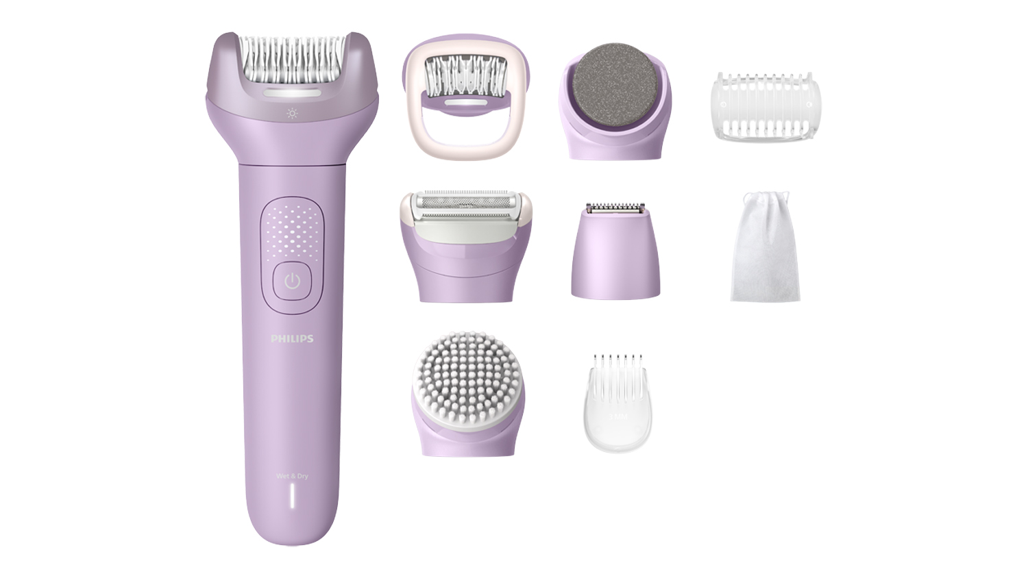 Cordless epilator set with head attachments and pouch