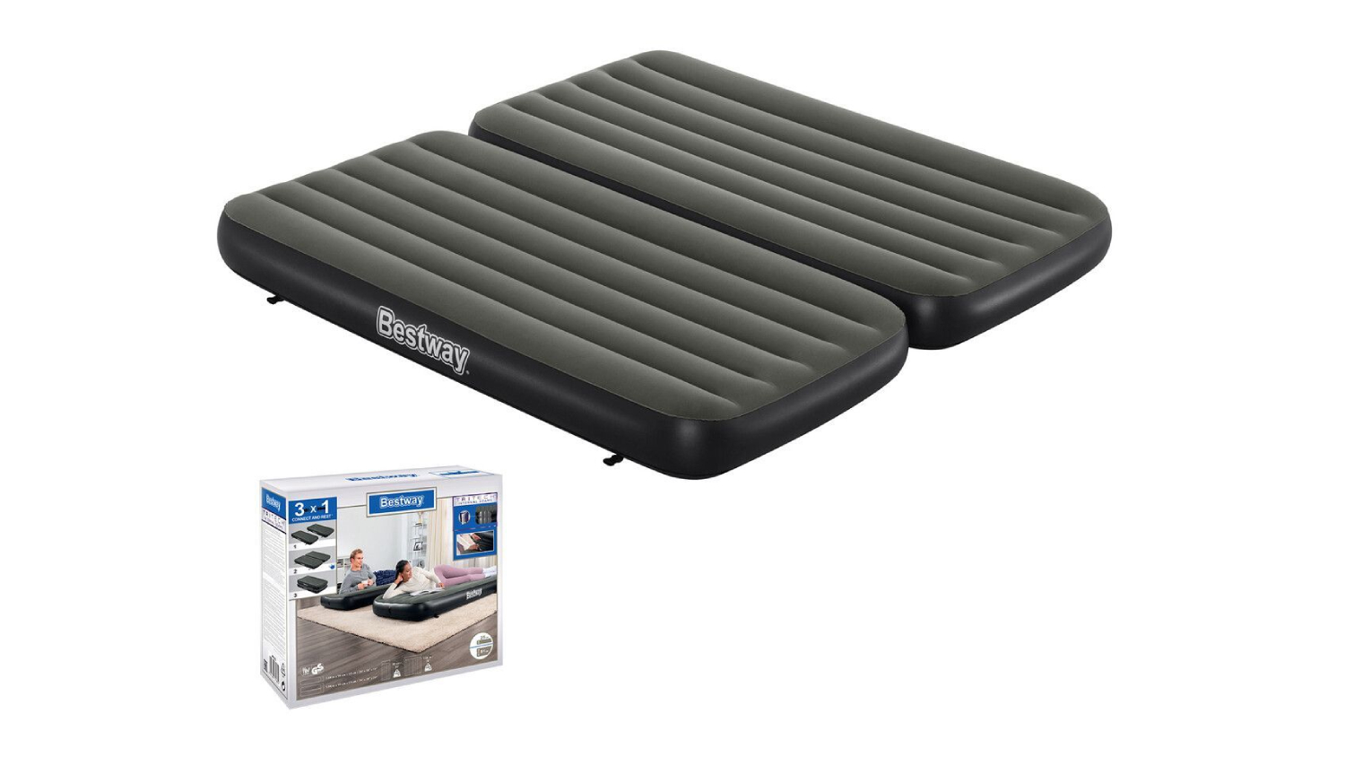 Two grey BESTWAY air mattresses are placed side by side on a rug in a bright living room