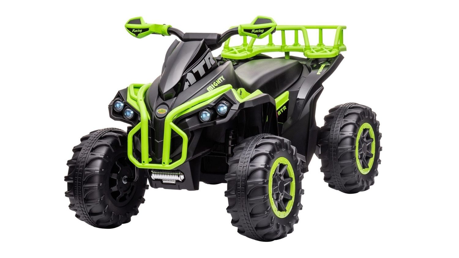 A left-angle view of the Kidbot Children's Electric ATV Quad Bike 12V in green finish