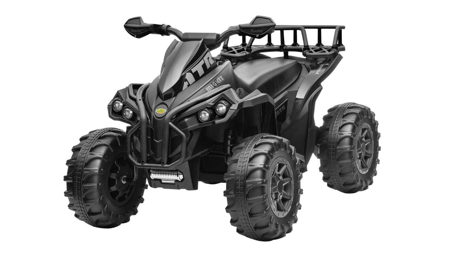 A left angled view of the Kidbot Children's Electric ATV Quad Bike 12V in black finish
