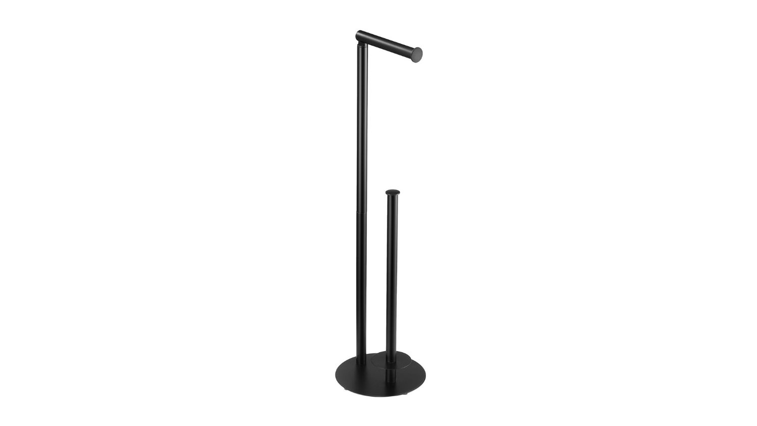 Black freestanding toilet paper holder with an upper bar and tall base for roll storage