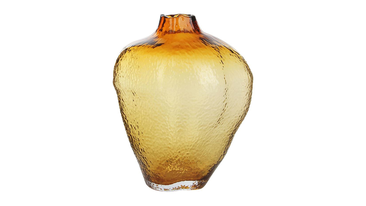 Full view of the 38cm Freida Amber Glass Vase with a textured finish and tapered base