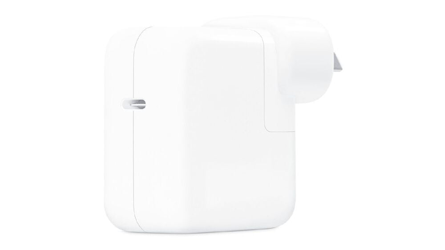 An Apple 30W USB-C Power Adapter in a sleek white colour