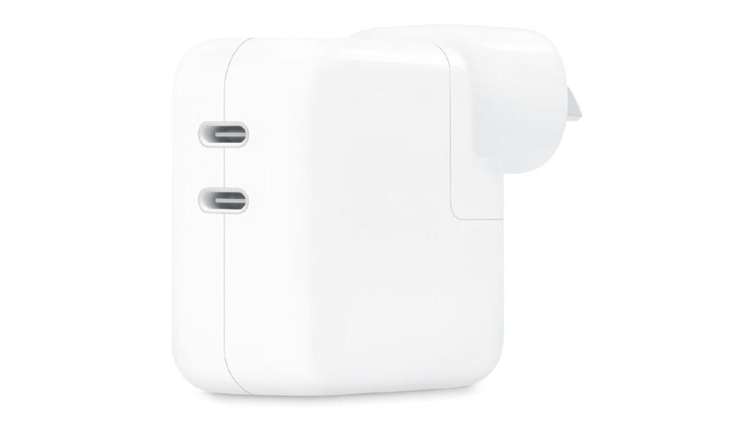 An Apple 35W Dual USB-C Power Adapter in a sleek white colour
