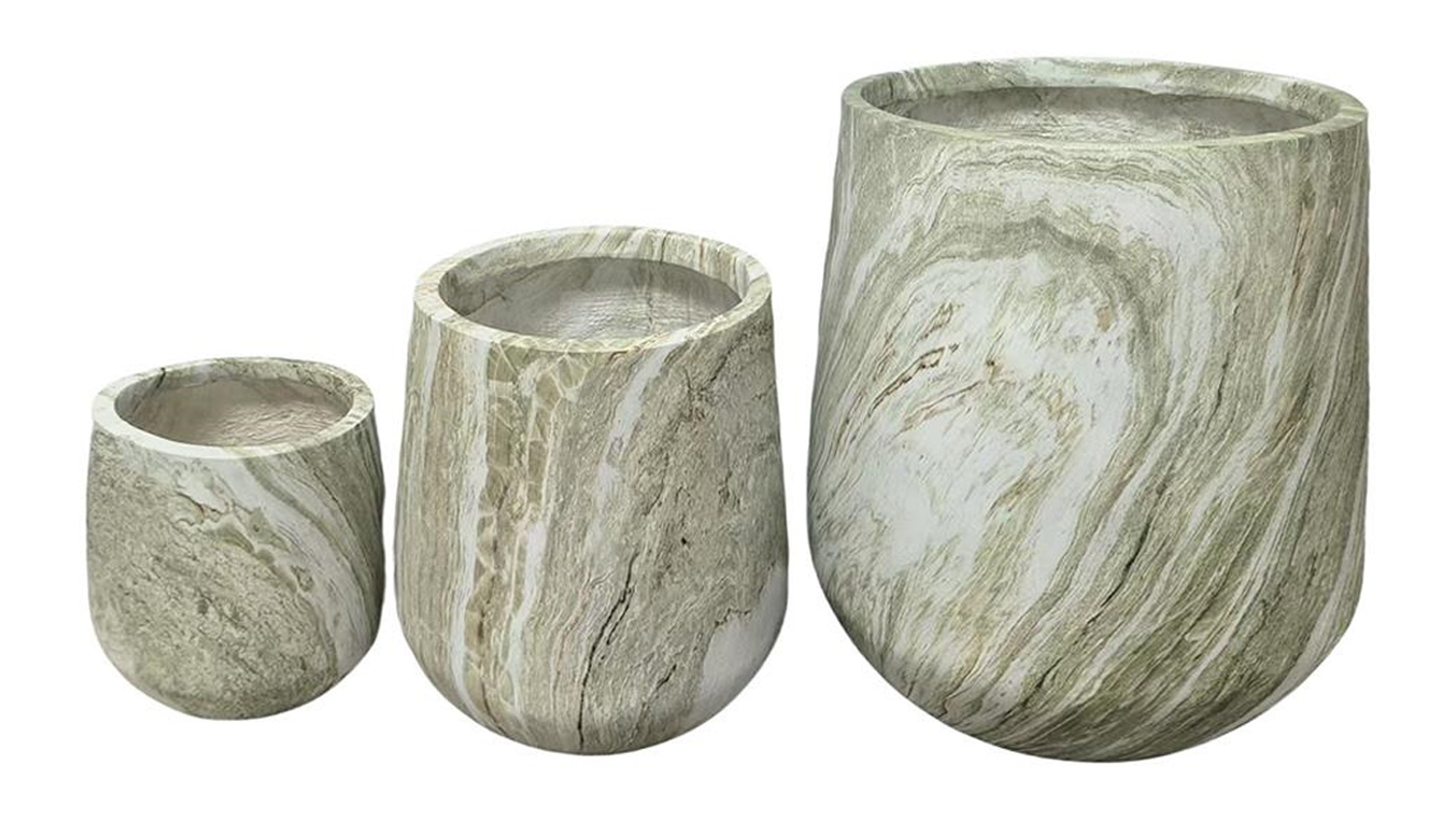 Set of three Bower Jade Marble MGO Planters featuring a natural green marbled finish