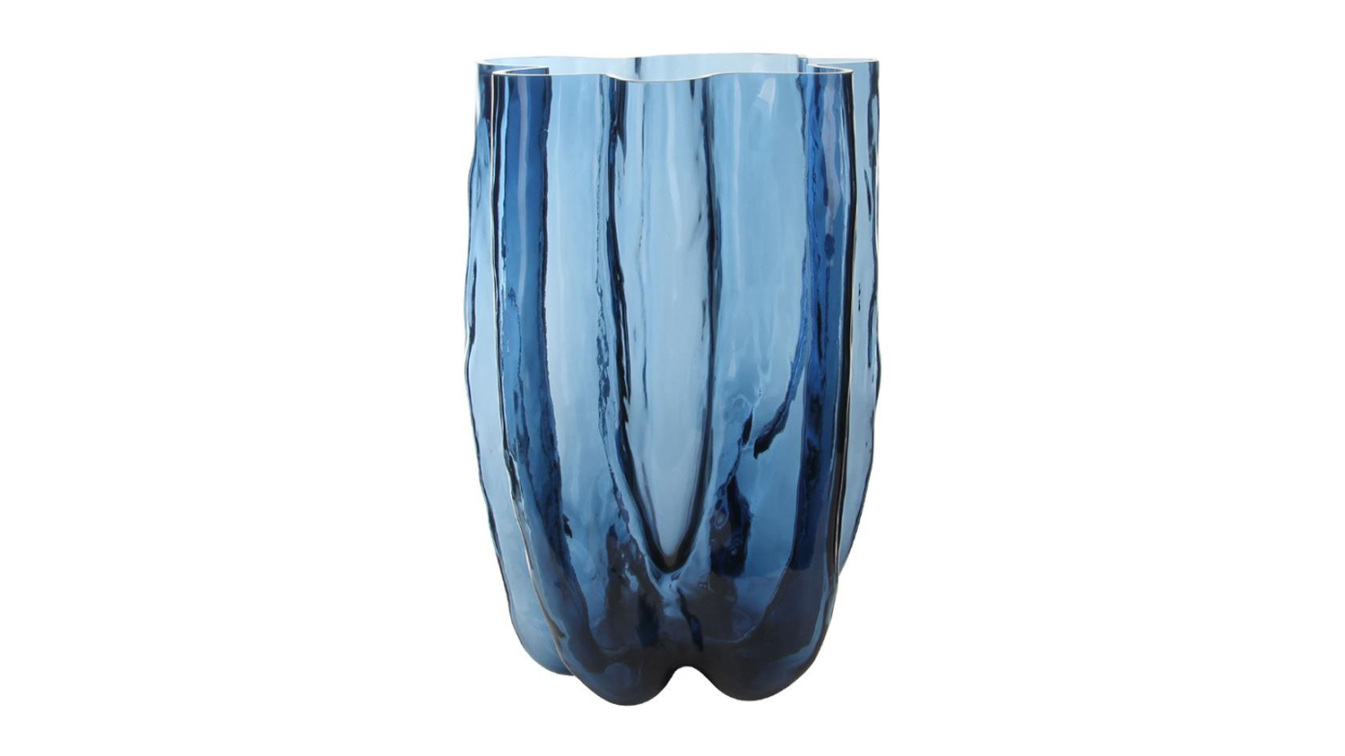 Full view of the 37cm Wave Deep Blue Glass Vase featuring an organic rippled silhouette