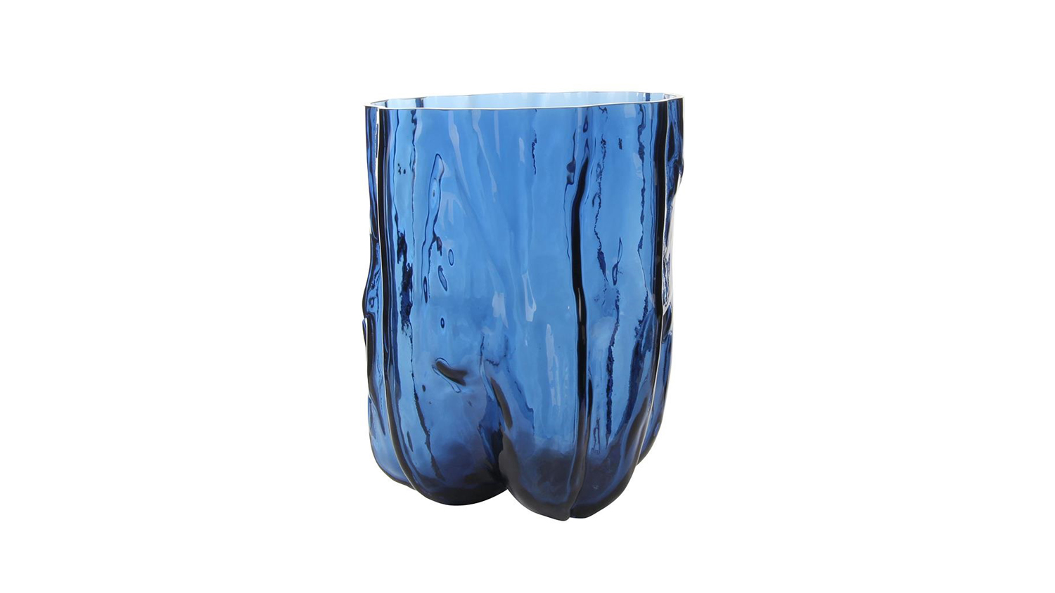 Full view of the 27cm Wave Deep Blue Glass Vase featuring an organic rippled silhouette