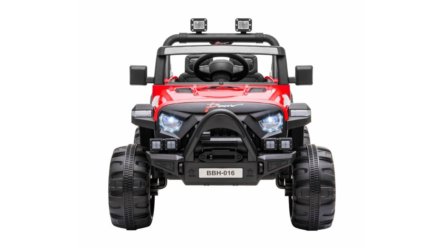 Front view of the Kidbot Remote Control Ride On Car with LED headlights and rugged tyres