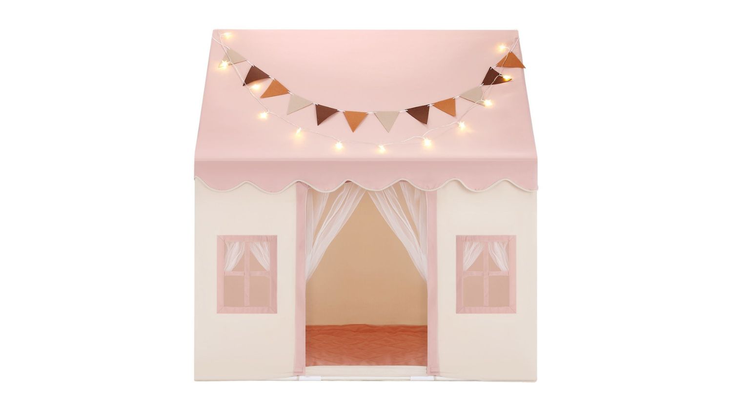 Kidbot Children's Play Tent with string lights and bunting banner, featuring mesh door and window curtains