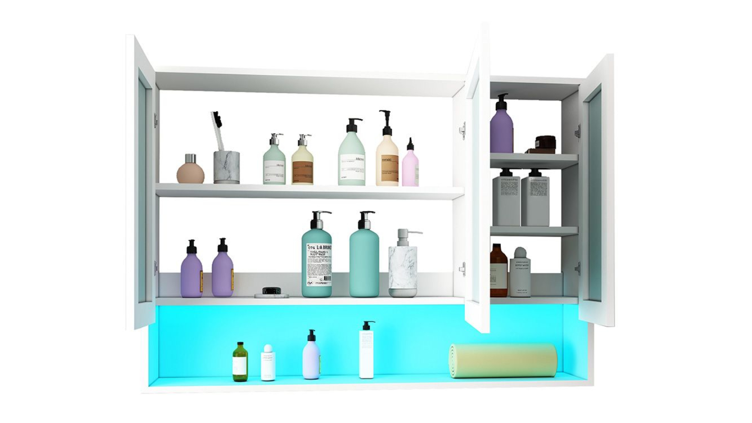 Open bathroom Luxsuite cabinet displaying bottles and toiletries on multiple shelves with LED lighting
