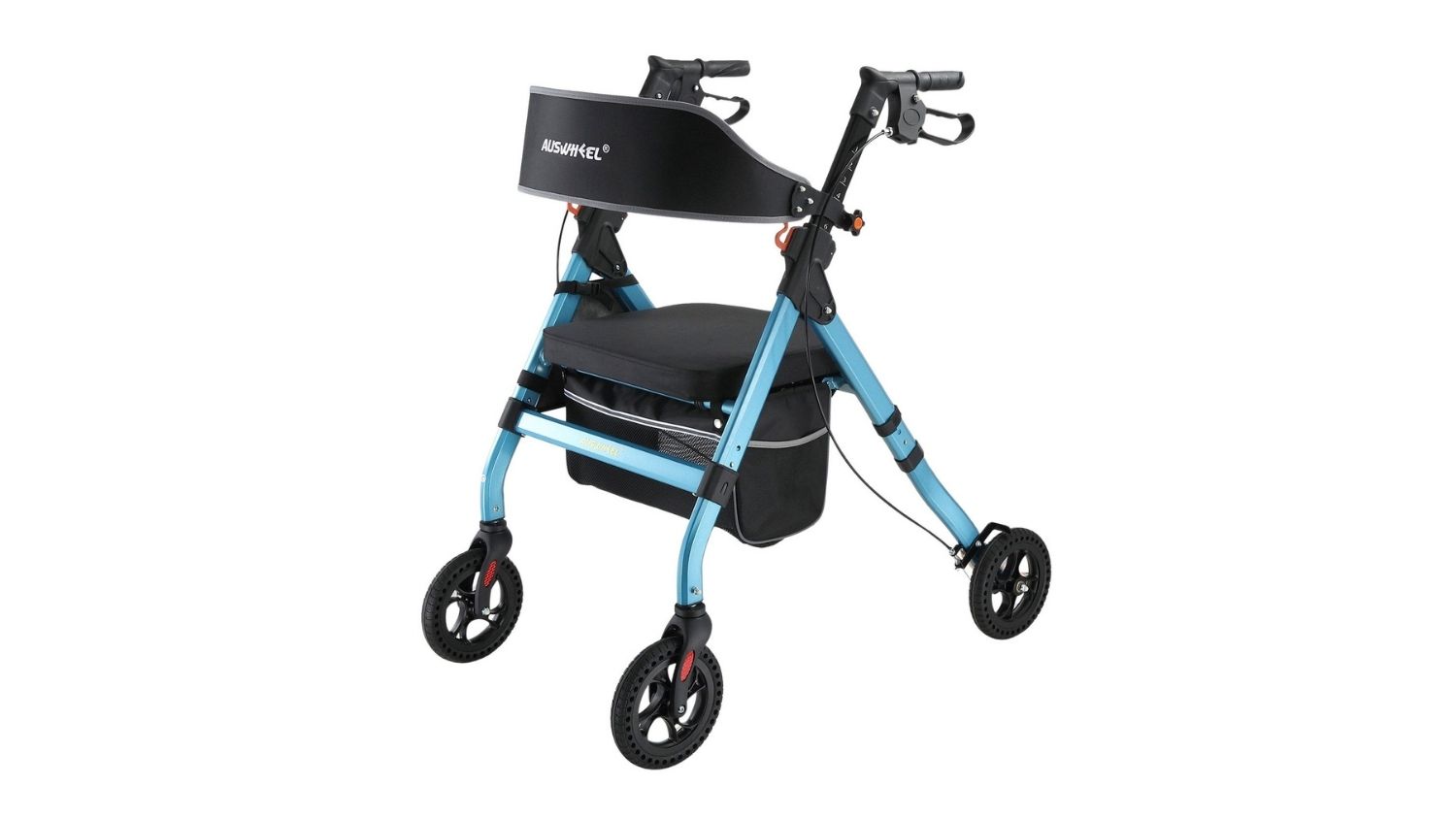 A left-angled view of the Auswheel Four-Wheel Rollator Mobility Aid Light in blue finish