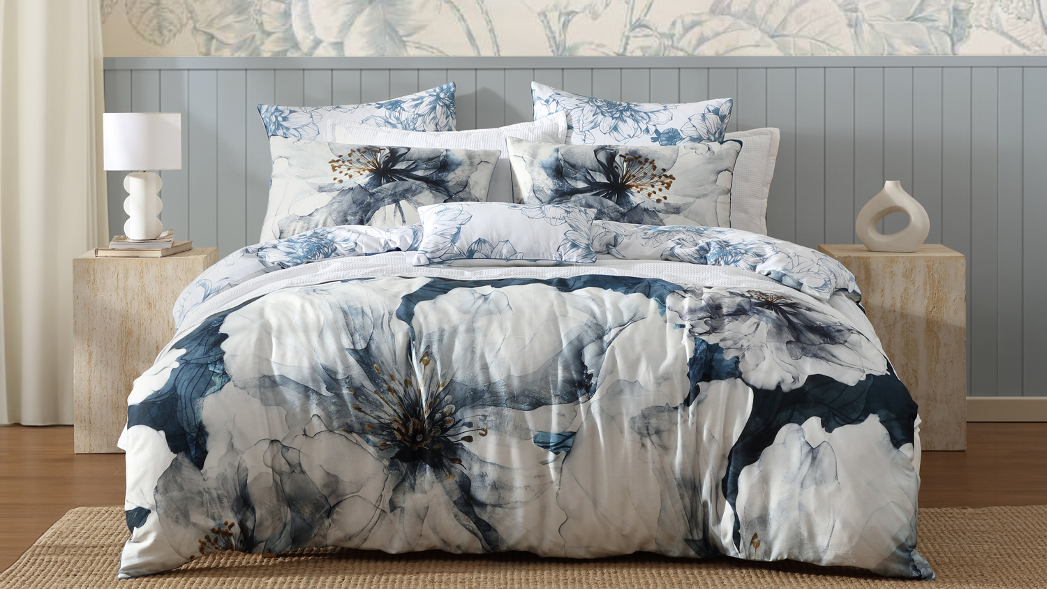 Belle Steel Duvet Cover Set by Logan & Mason in a styled bedroom
