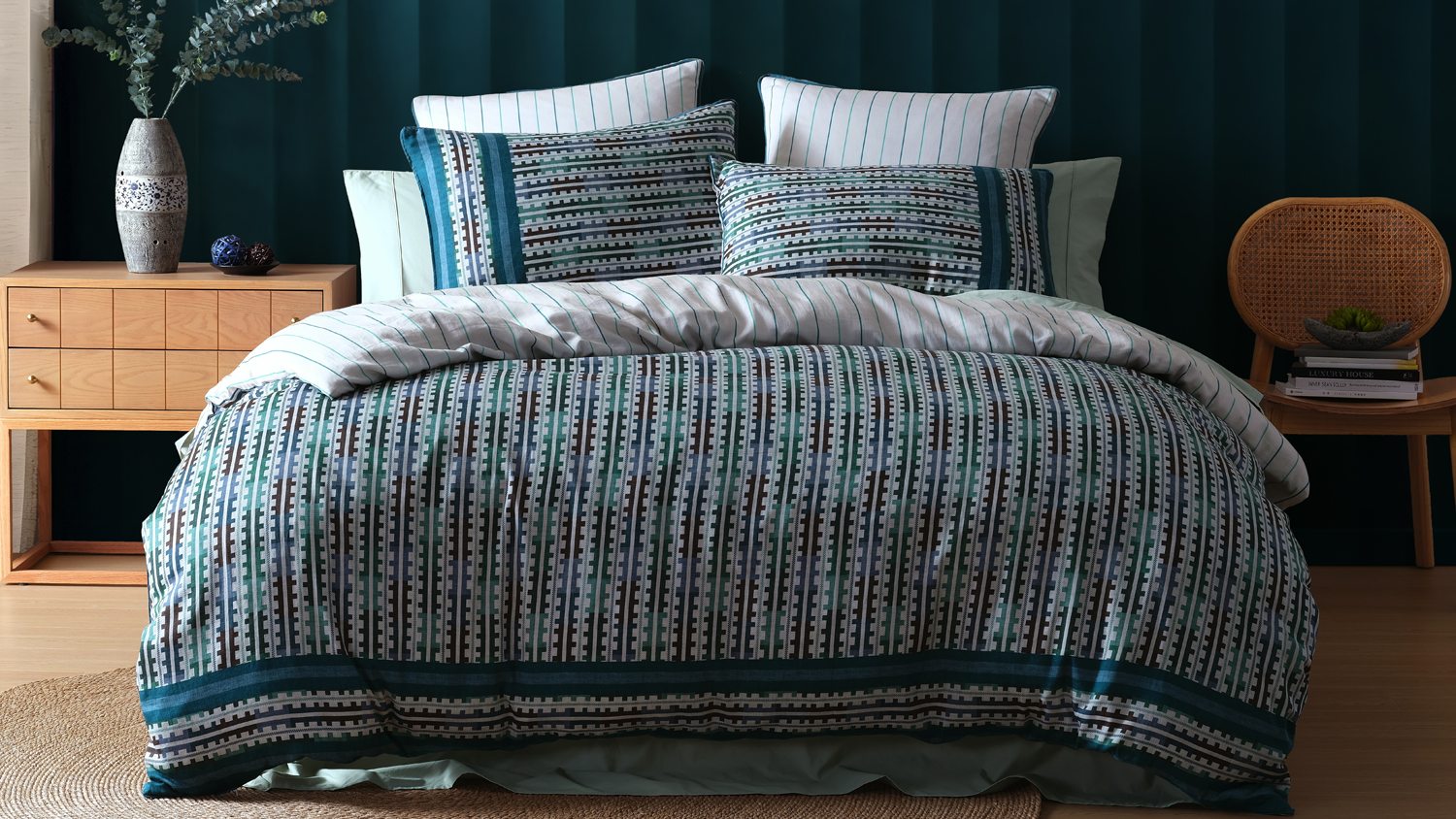 Griffin Teal Duvet Cover Set by Logan & Mason in a styled bedroom