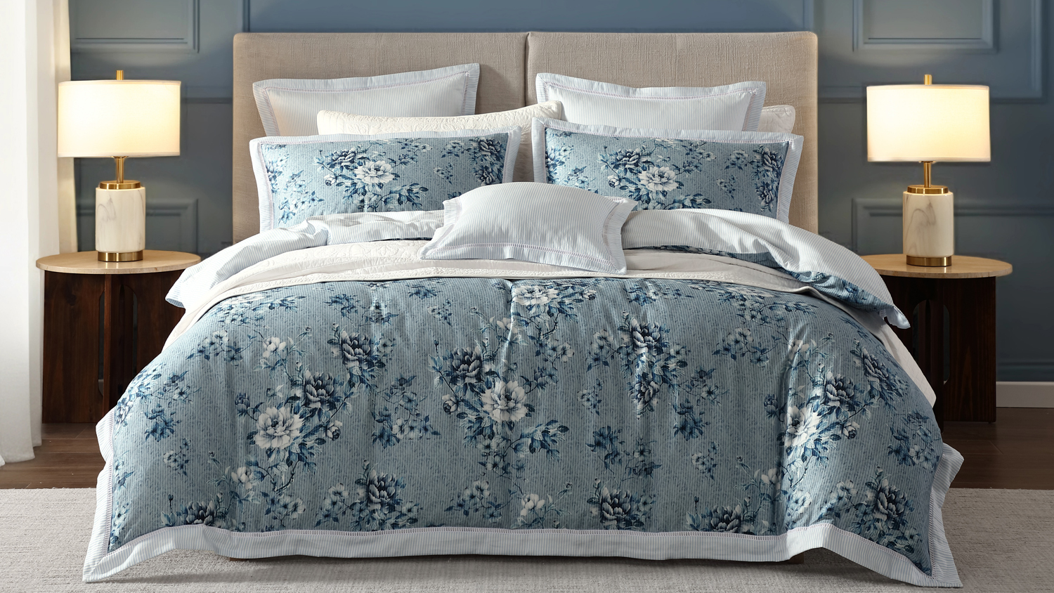 Liyana Blue Duvet Cover Set with a lovely floral design, shown in a styled bedroom