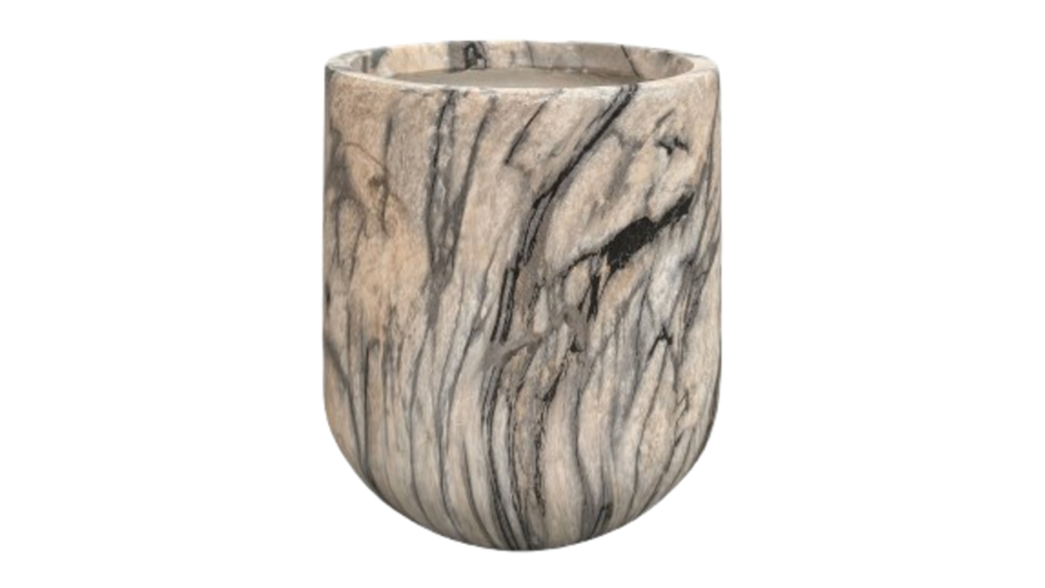 A Bower Black & Brown Marble MGO Planter with a curved base and natural stone veining