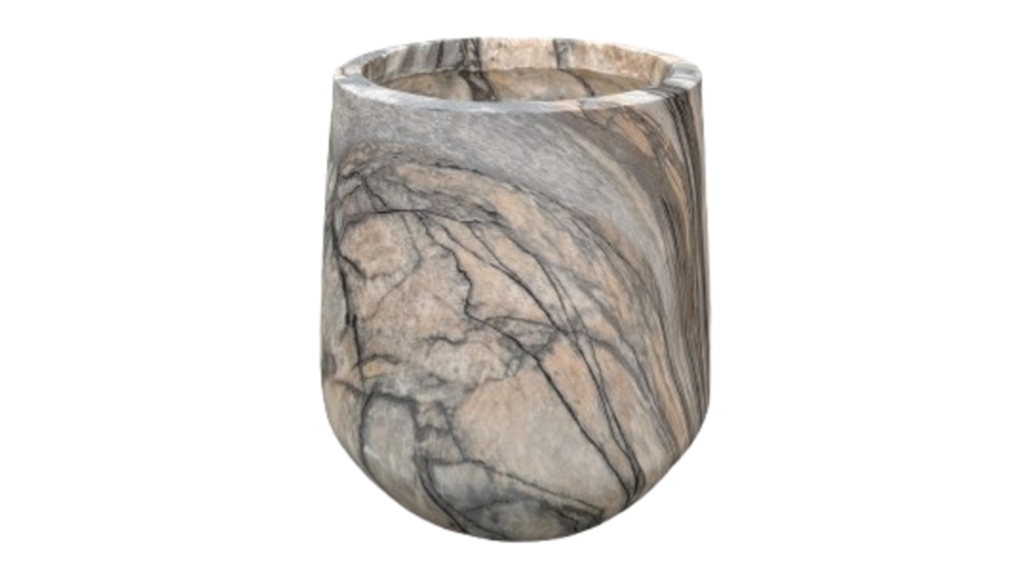 A Bower Black & Brown Marble MGO Planter with a curved base and natural stone veining