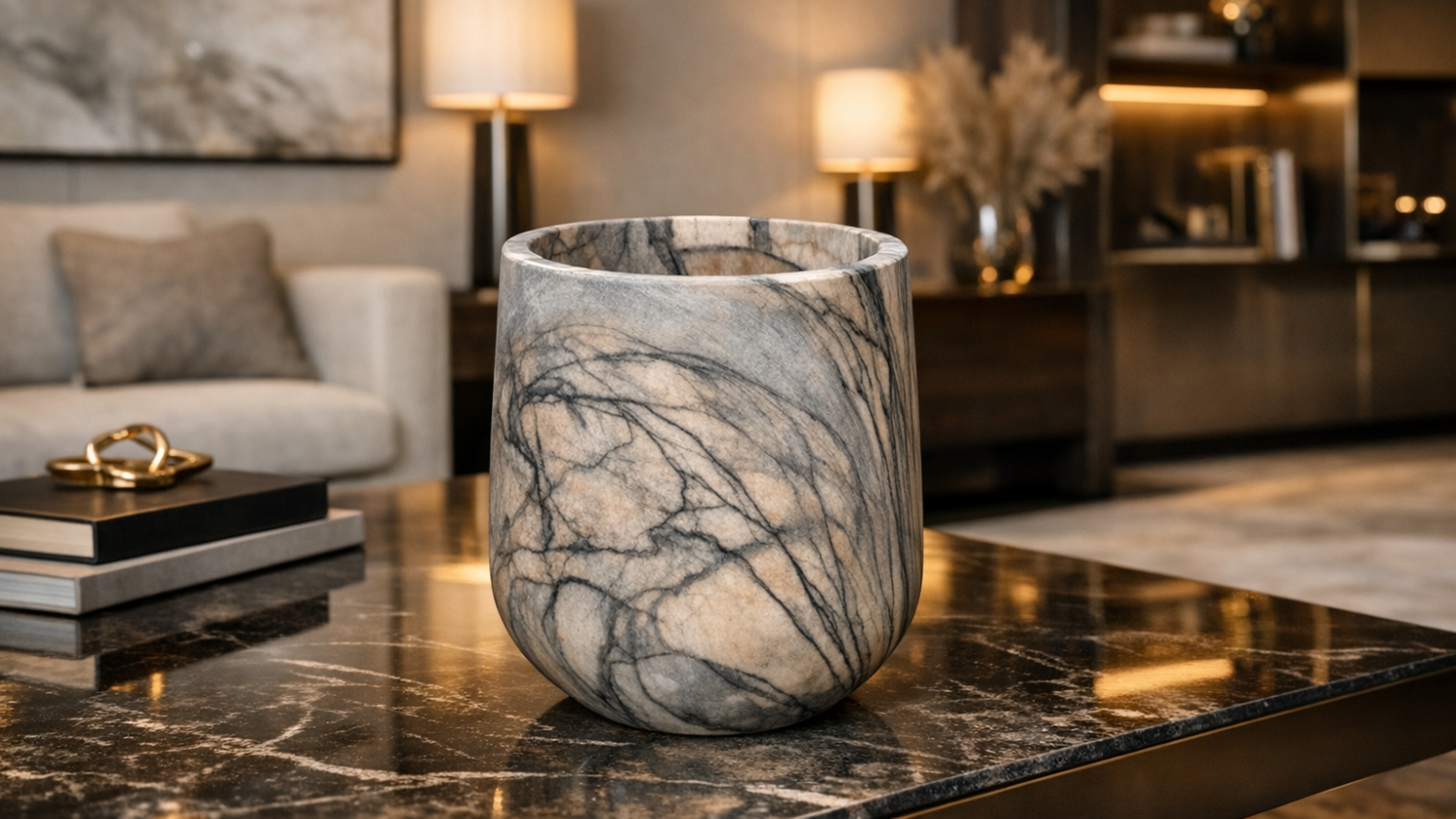Modern cylindrical MGO planter featuring a marbled black, grey, and tan wood-grain texture